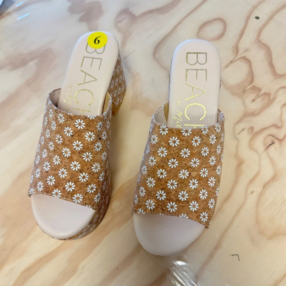 Beach by Matisse Terry Daisy Cork Platform Slide Sandals Womens 9M Brown White